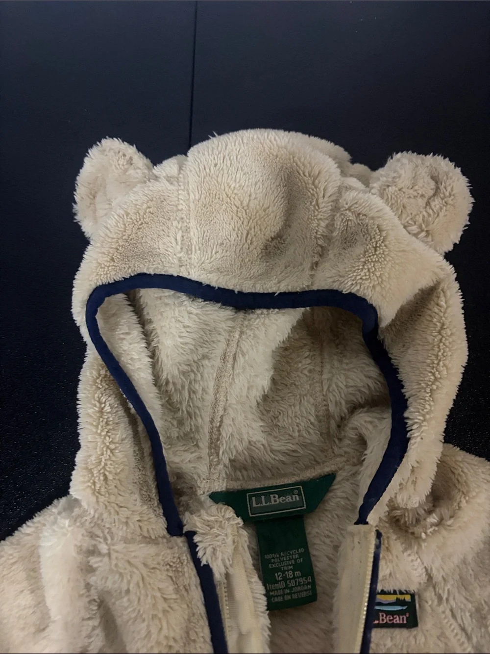 L.L. Bean Cream Teddy Fleece Hooded Jacket with Navy Trim